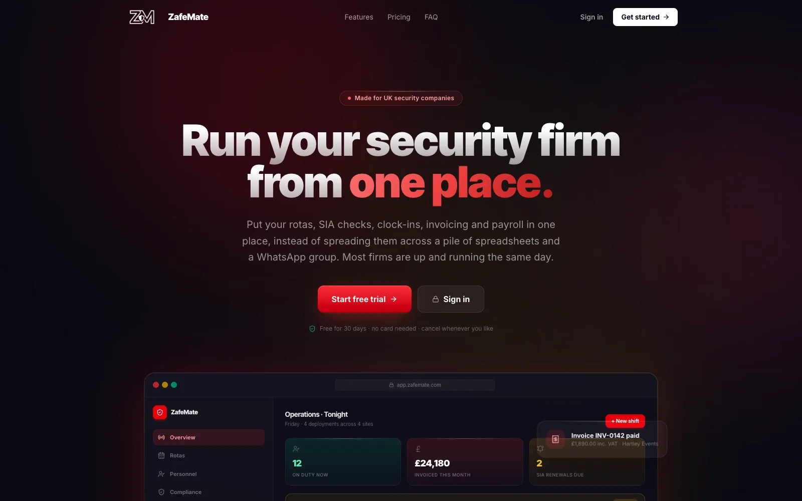 ZafeMate landing page - run your security firm from one place